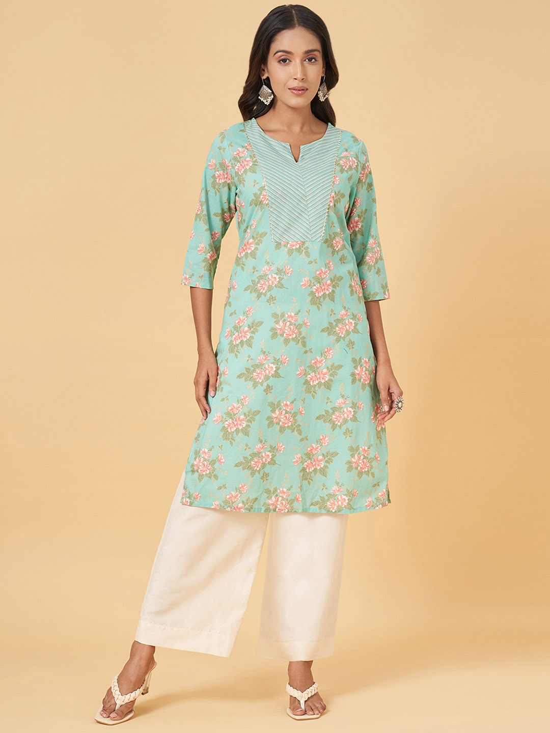 

RANGMANCH BY PANTALOONS Floral Printed Pure Cotton Kurta, Green