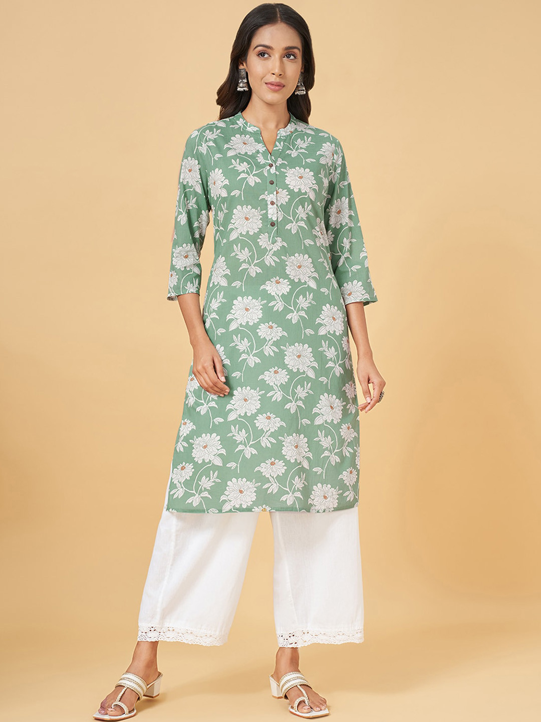 

RANGMANCH BY PANTALOONS Floral Printed Mandarin Collar Pure Cotton Kurta, Green