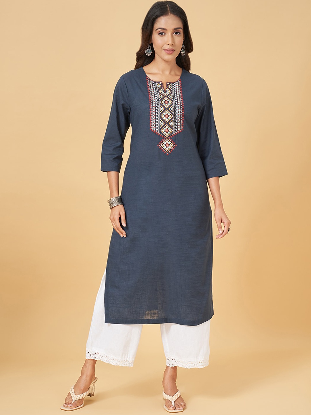 

RANGMANCH BY PANTALOONS Yoke Design Round Neck Pure Cotton Kurta, Navy blue
