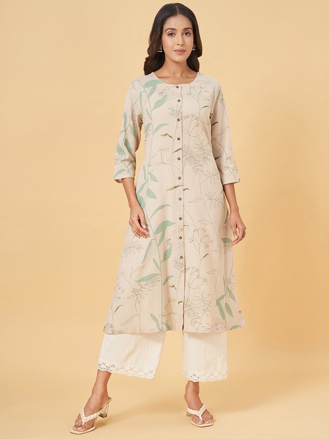 

RANGMANCH BY PANTALOONS Floral Printed Round Neck A-Line Kurta, Khaki