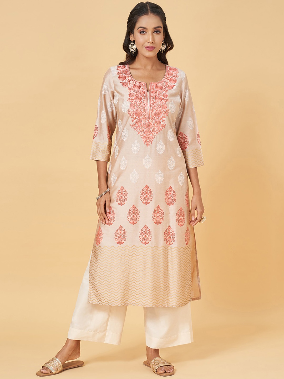 

RANGMANCH BY PANTALOONS Ethnic Motifs Embroidered Chikankari Kurta, Pink