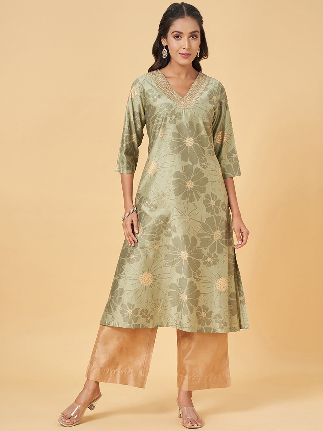 

RANGMANCH BY PANTALOONS Floral Printed Thread Work A-Line Kurta, Olive