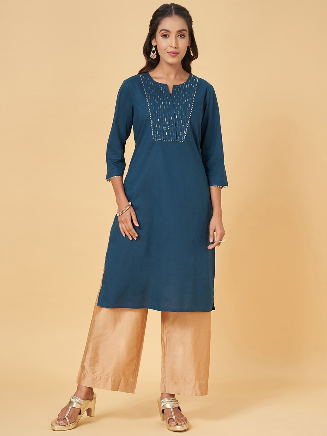 

RANGMANCH BY PANTALOONS Geometric Yoke Design Notch Neck Thread Work Cotton A-Line Kurta, Teal