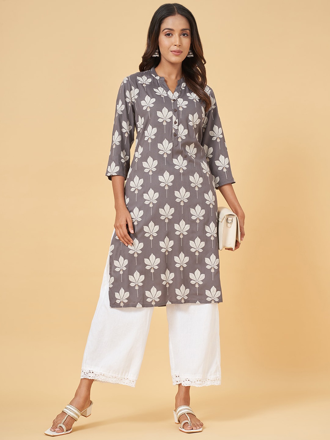 

RANGMANCH BY PANTALOONS Floral Printed Mandarin Collar Pure Cotton Kurta, Grey