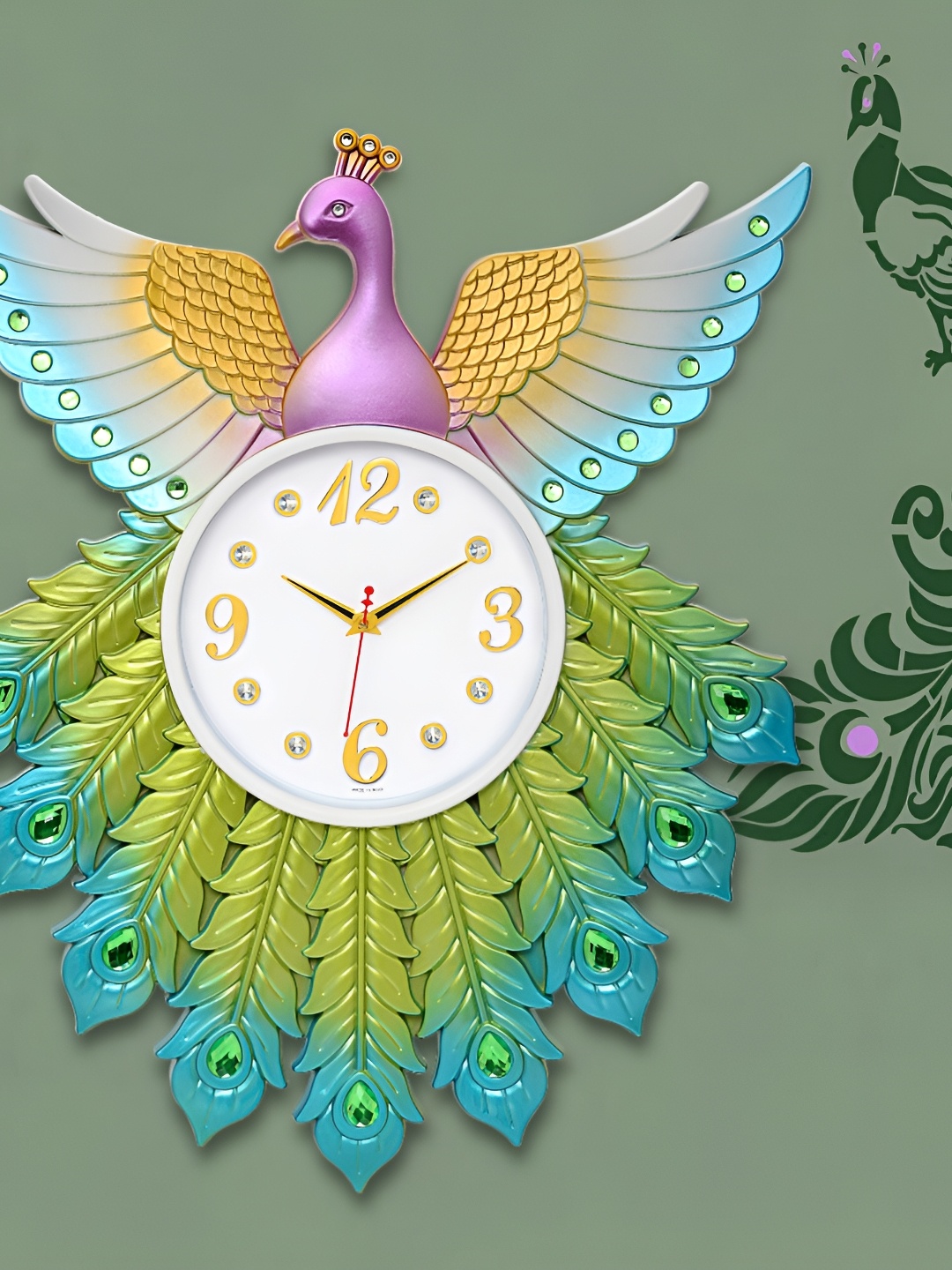 

Attractionz Green Peacock Design Round Shaped Contemporary Wall Clock