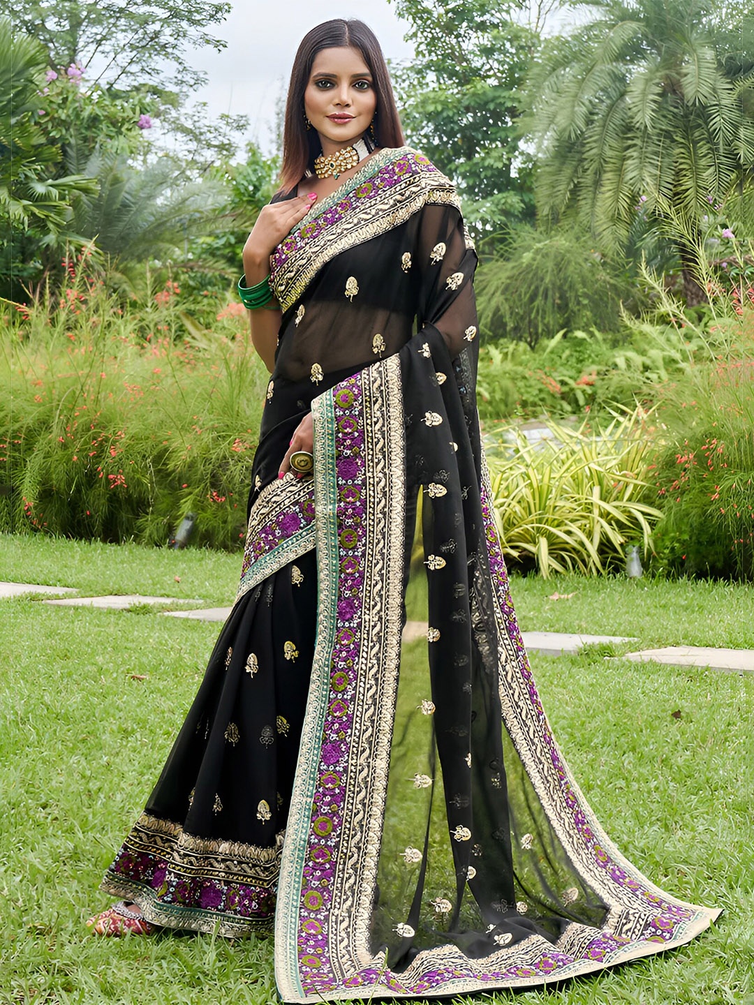 

Anouk Floral Embroidered Poly Georgette Saree, Black