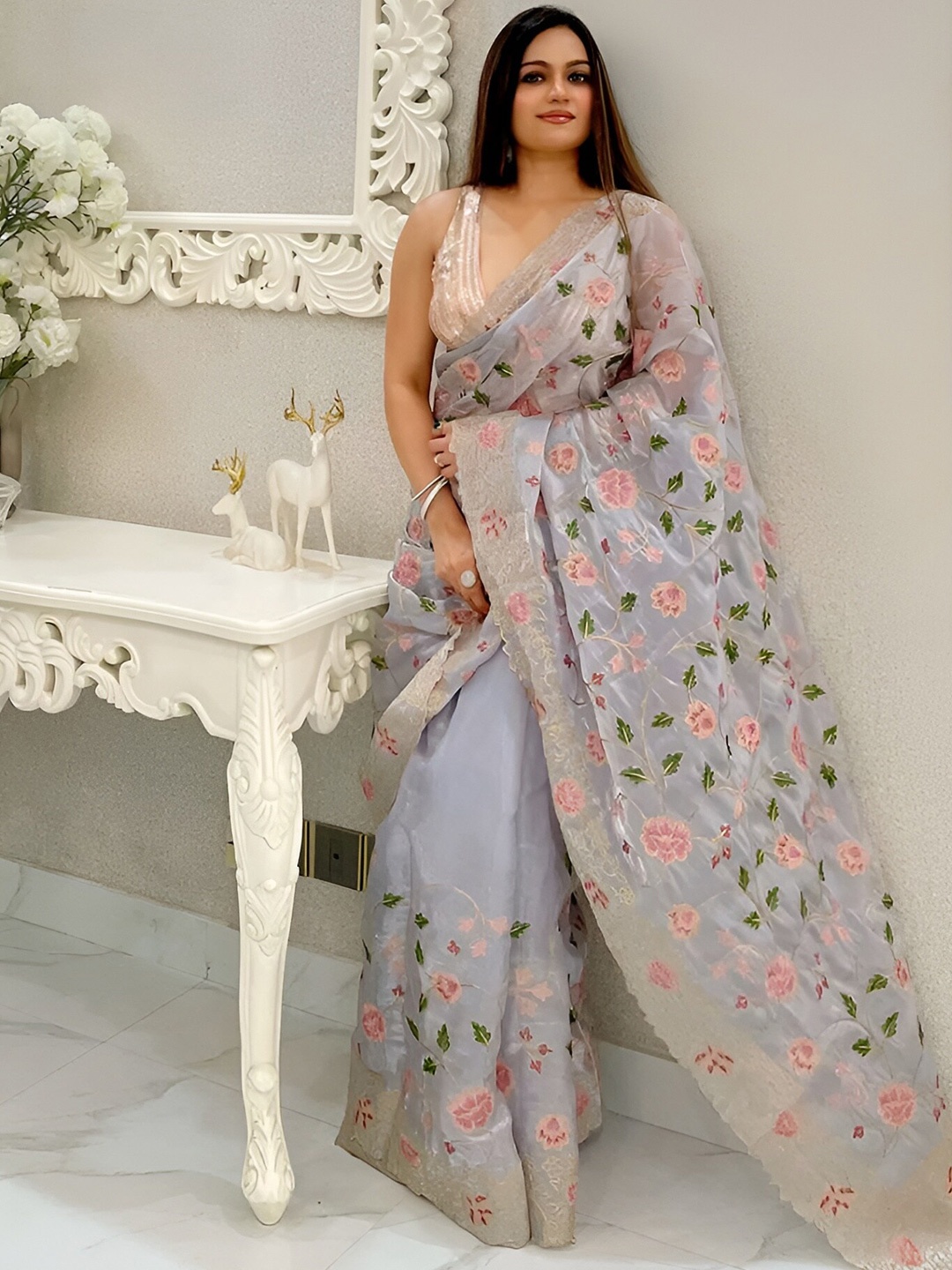 Anouk Floral Organza Saree, Grey