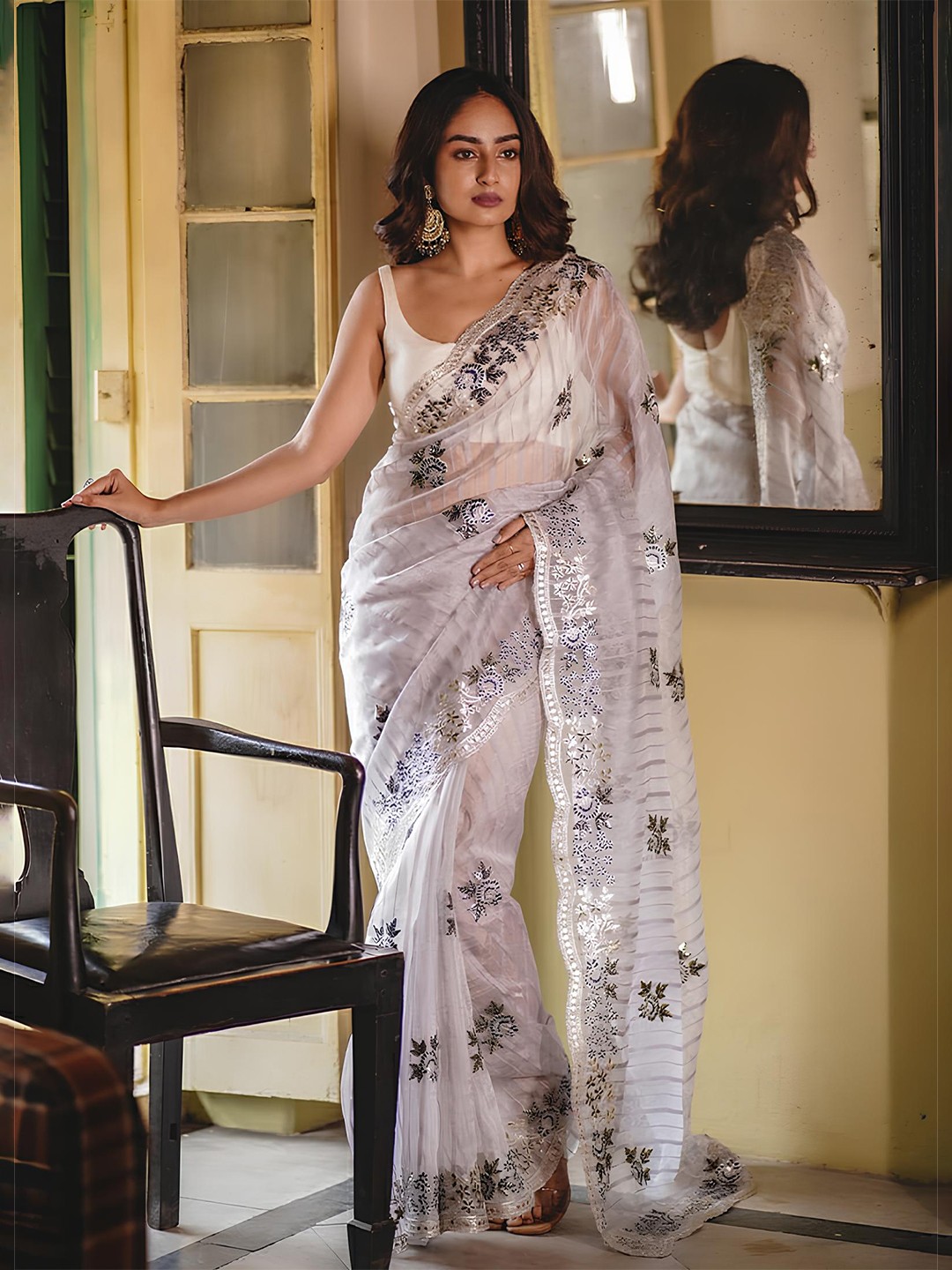 

Anouk Women Embroidered design Mukaish Organza Saree, Grey