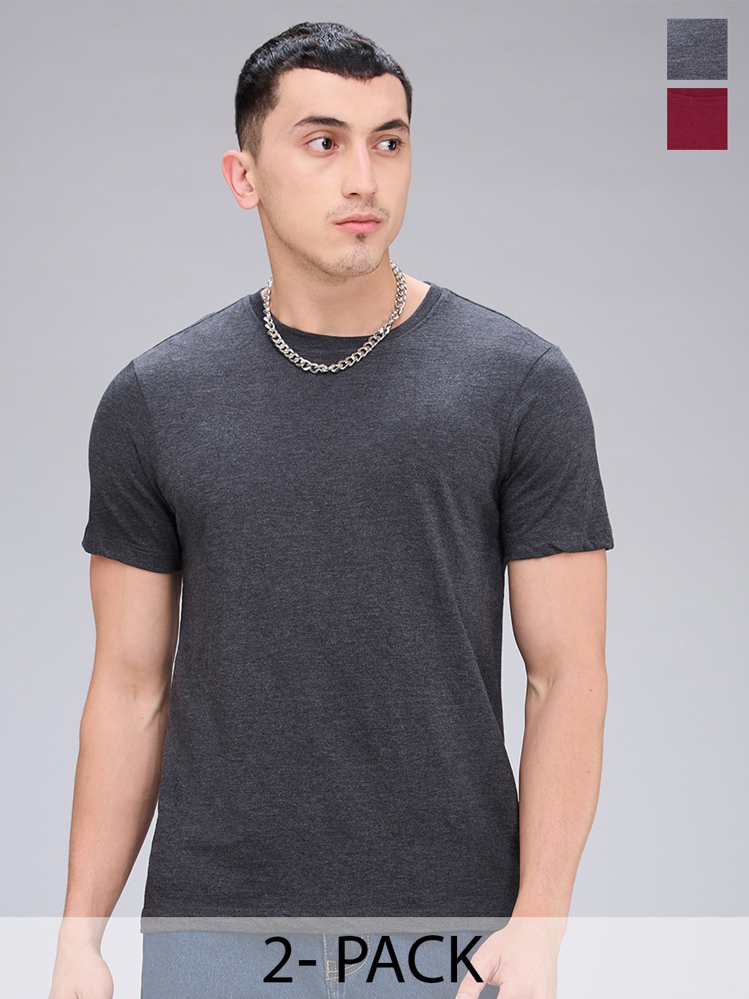 

NOIRA Pack Of 2 Men Solid Round Neck T-shirt, Charcoal