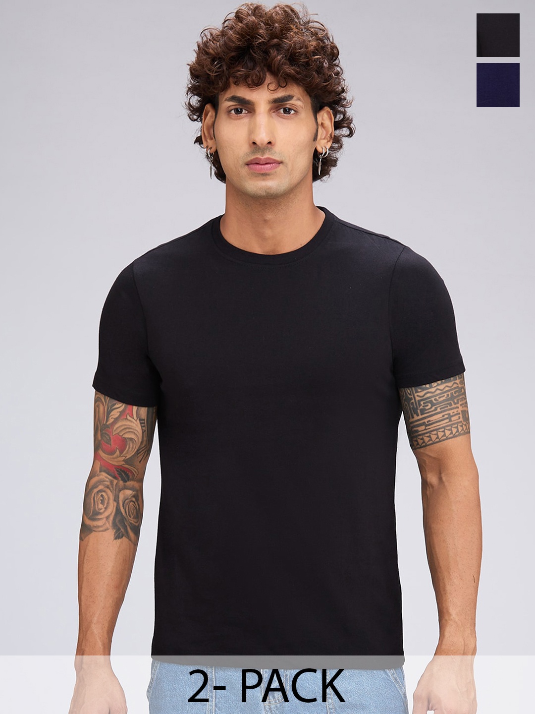 

NOIRA Pack Of 2 Men Solid Round Neck T-shirt, Navy blue