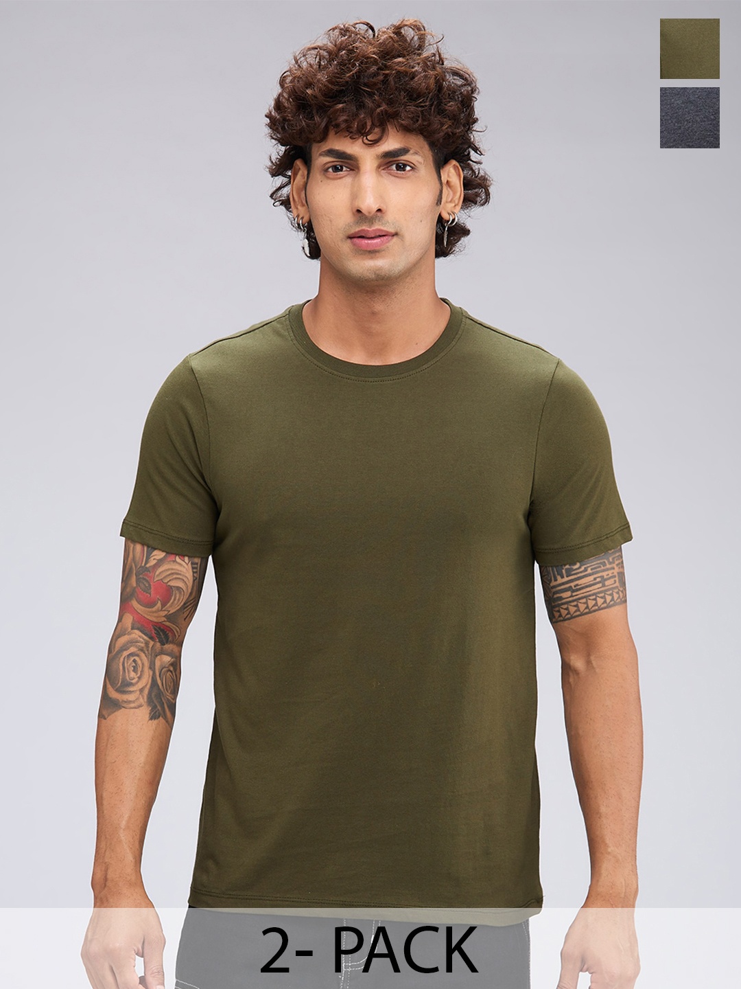 

NOIRA Pack Of 2 Men Solid Round Neck T-shirt, Charcoal