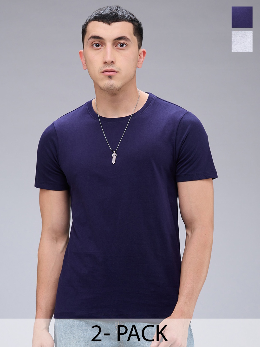 

NOIRA Pack Of 2 Men Solid Round Neck T-shirt, Navy blue