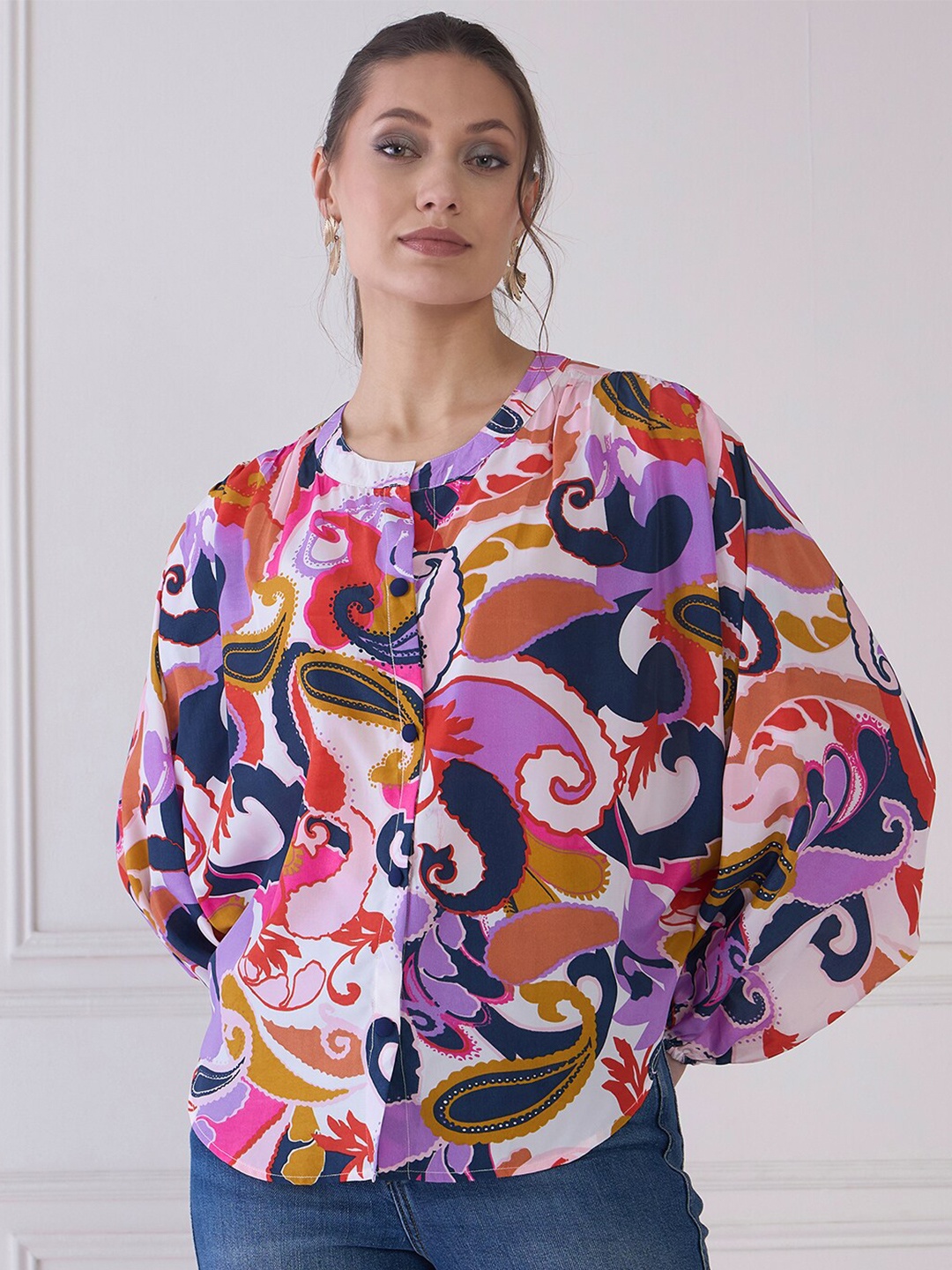 

Antheaa Elit Floral Print Puff Sleeve Crepe Top, Multi