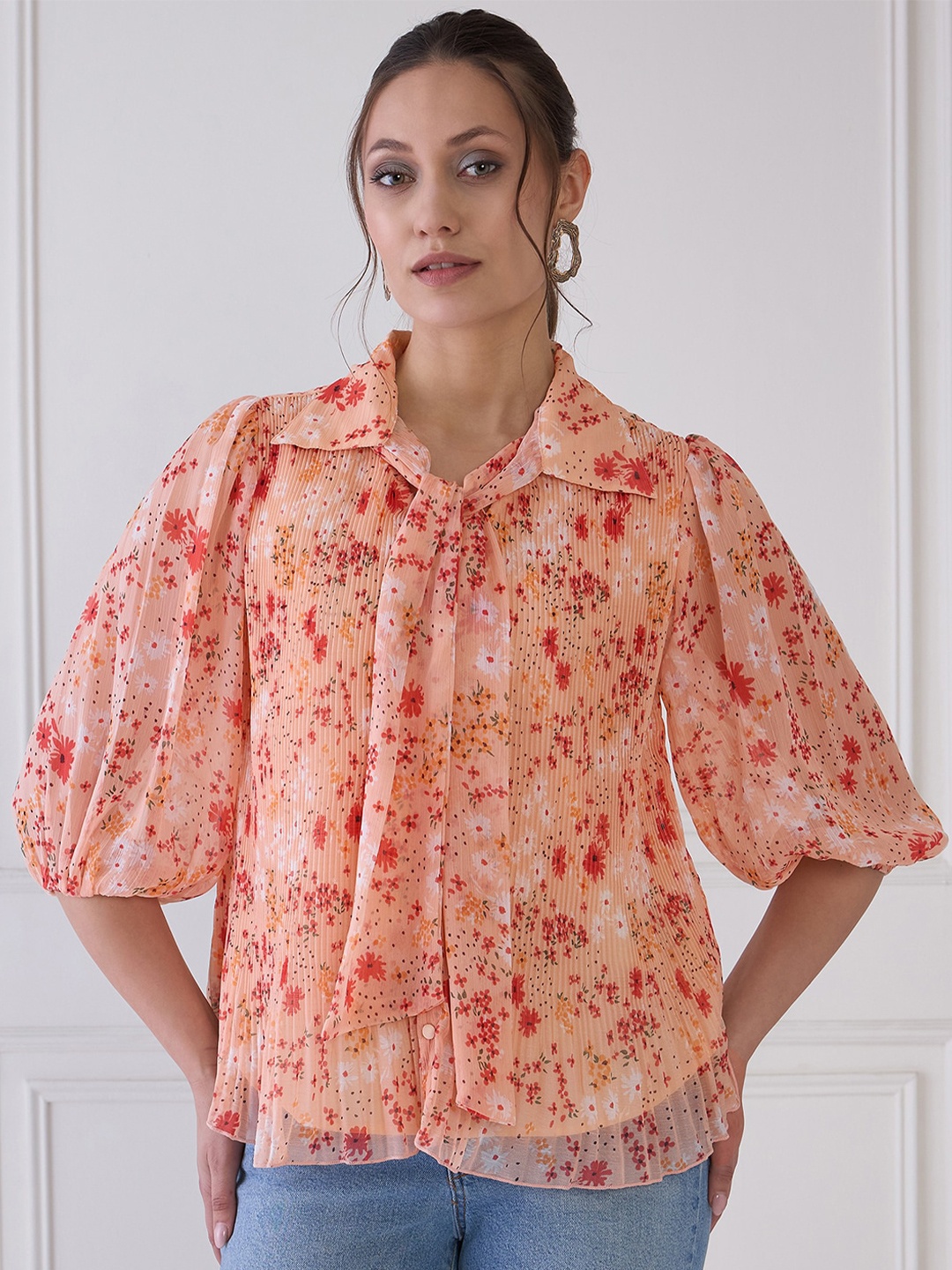 

Antheaa Elit Floral Print Tie-Up Neck Crepe Shirt Style Top, Peach