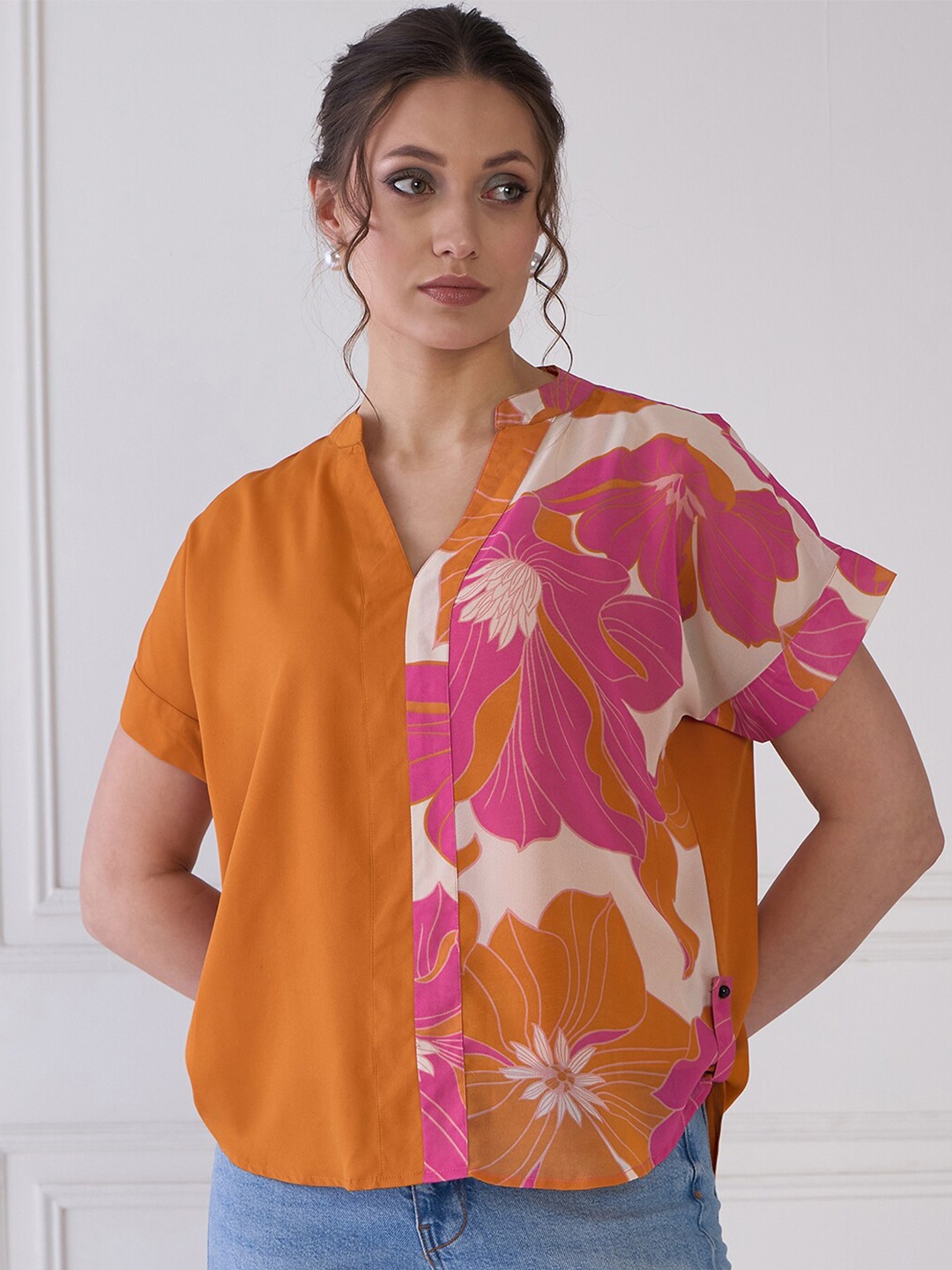 

Antheaa Elit Floral Print Mandarin Collar Extended Sleeves Crepe Shirt Style Top, Mustard