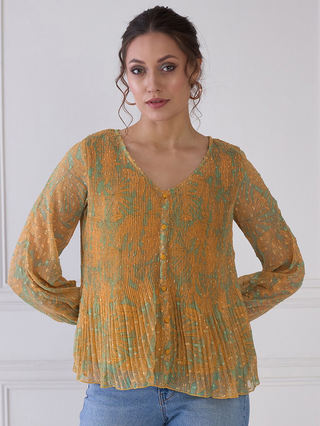 

Antheaa Elit Floral Print Puff Sleeve Crepe Top, Yellow