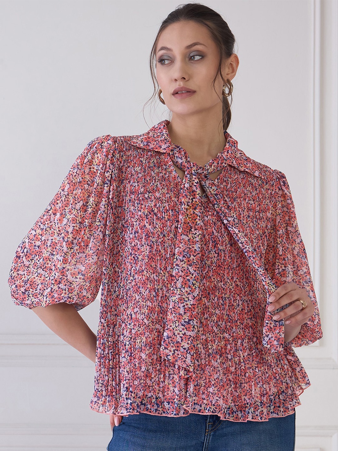 

Antheaa Elit Floral Print Tie-Up Neck Puff Sleeve Crepe Shirt Style Top, Pink