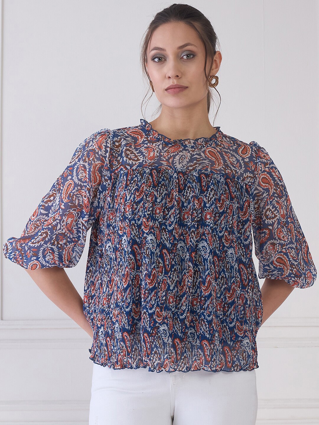 

Antheaa Elit Floral Print Flared Sleeve Crepe Top, Blue