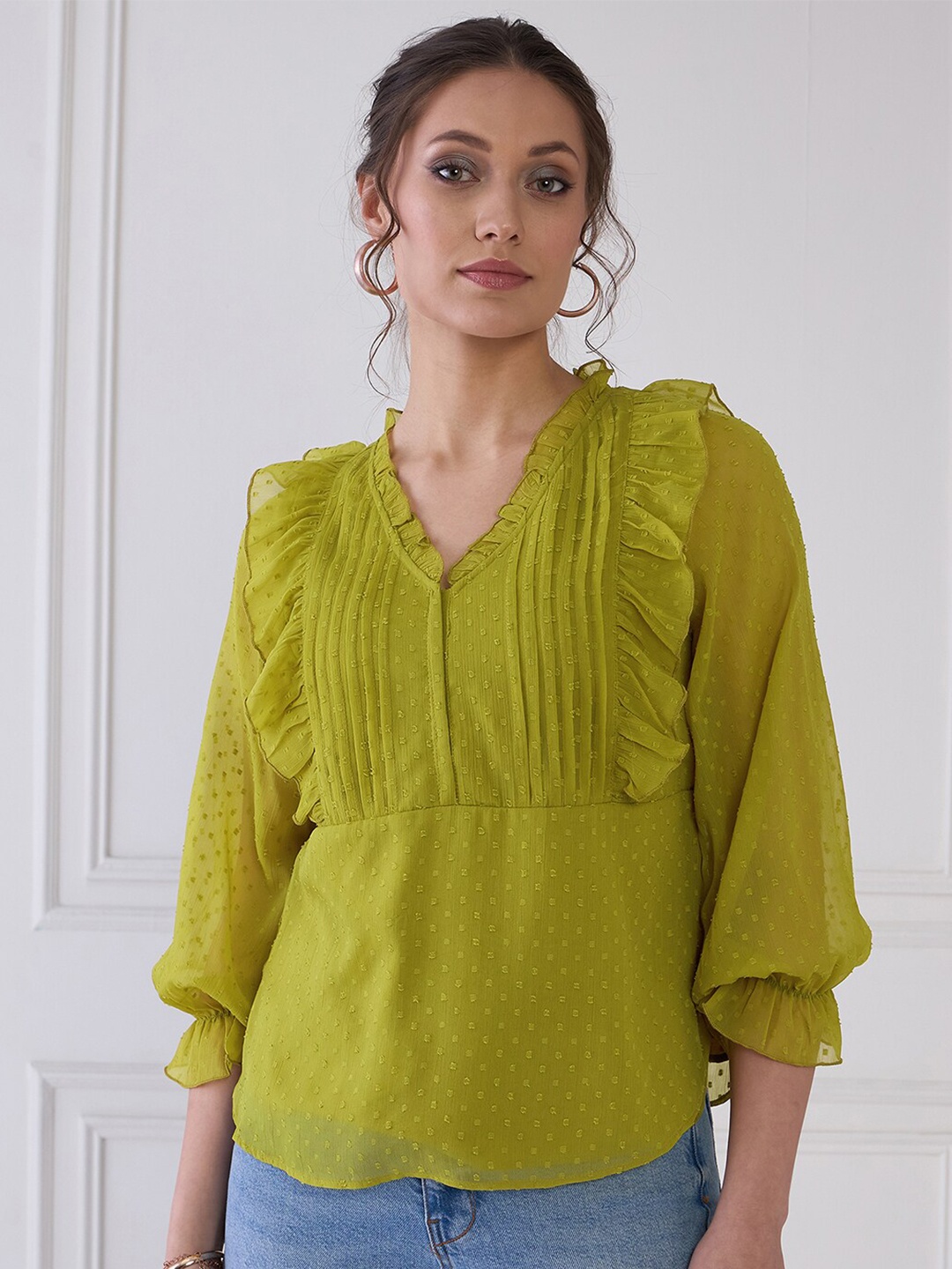 

Antheaa Elit Puff Sleeve Chiffon Top, Green