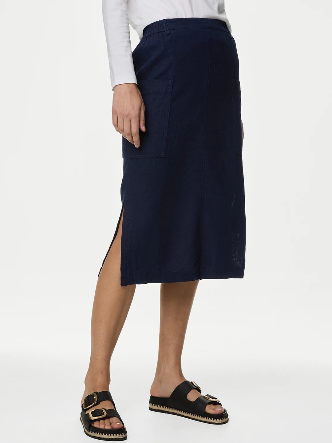 

Marks & Spencer Linen Straight Midi Skirt, Navy blue