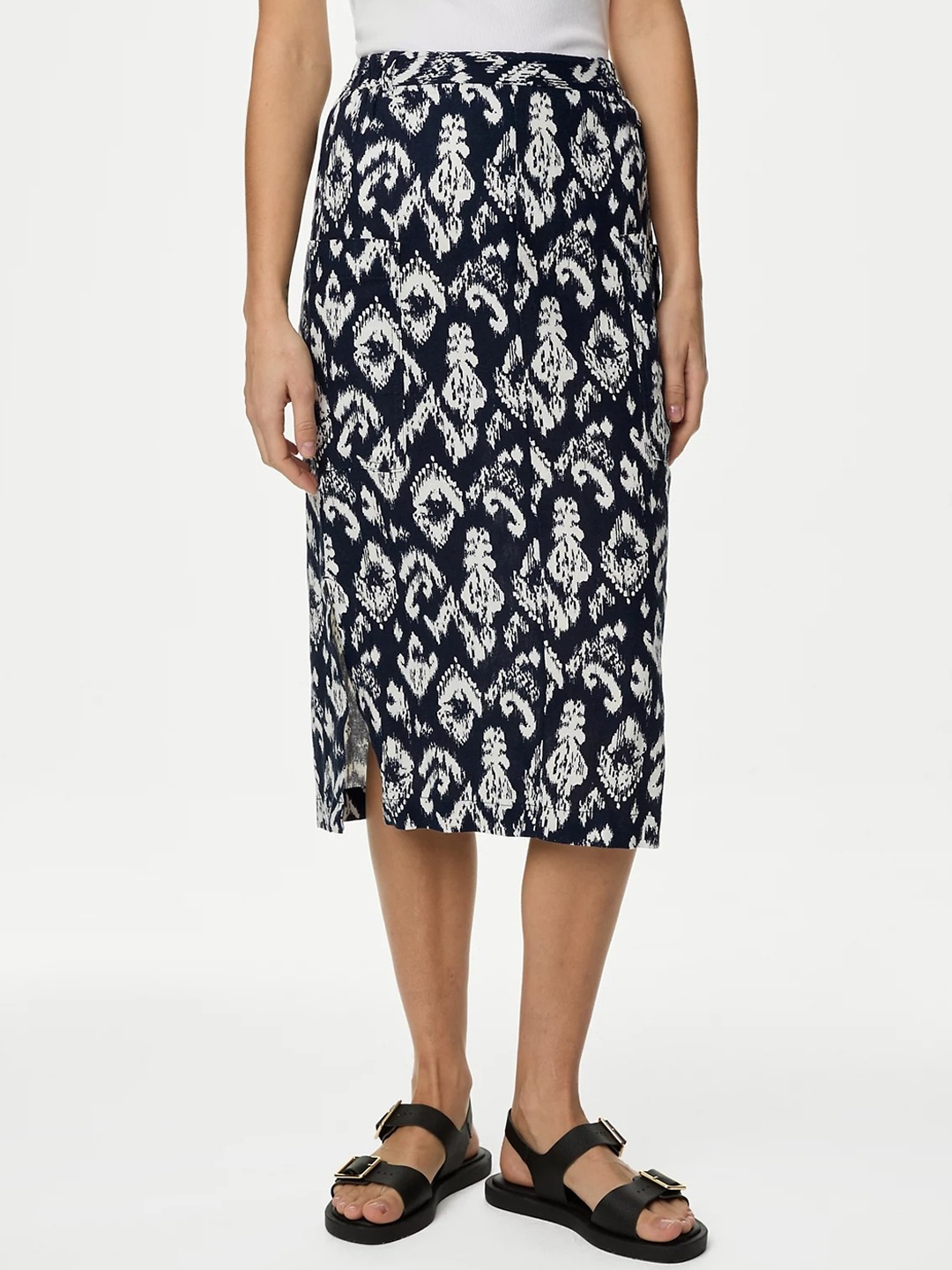 

Marks & Spencer Printed Straight Midi Skirt, Navy blue