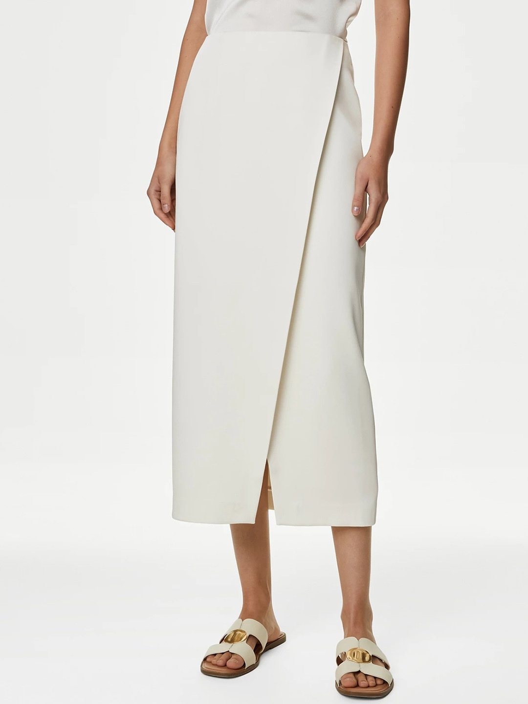 

Marks & Spencer Satin Wrap Midi Skirt, Off white