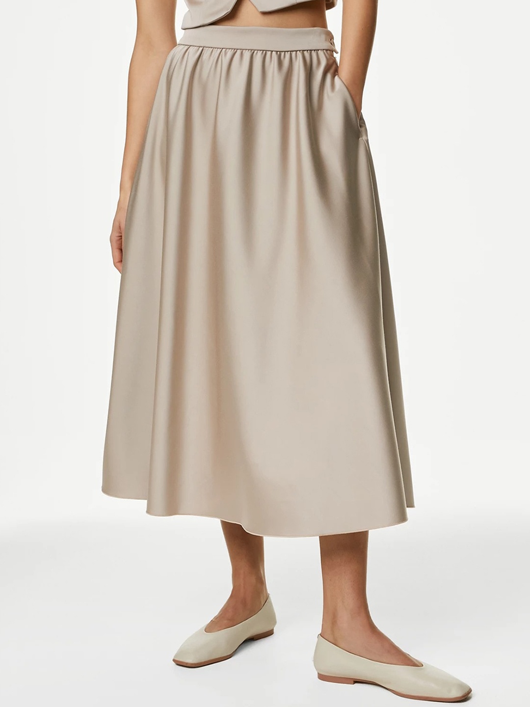 

Marks & Spencer Satin Flared Midi Skirt, Beige