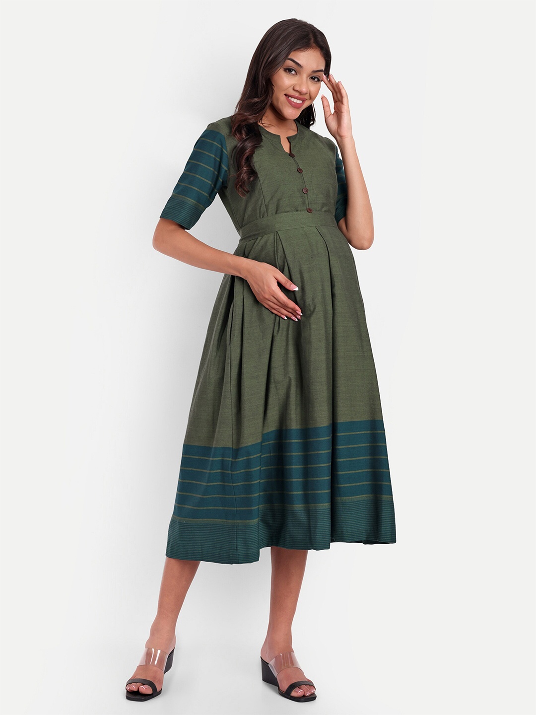 

THOTTIL Colourblocked Maternity Fit & Flare Midi Dress, Green