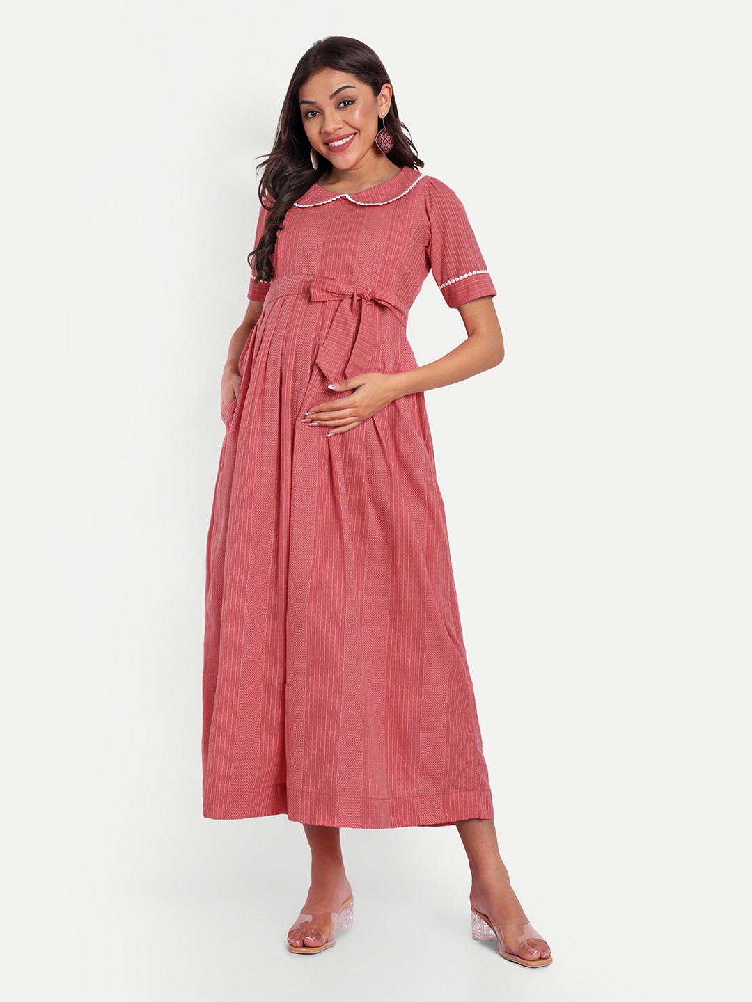 

THOTTIL Maternity Fit & Flare Midi Dress, Pink