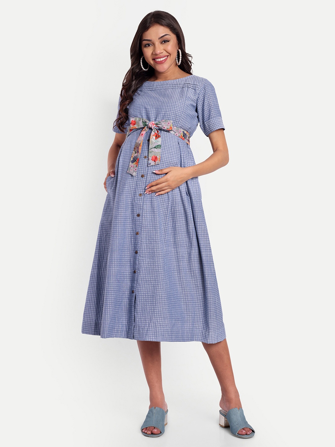 

THOTTIL Maternity Fit & Flare Midi Dress, Blue