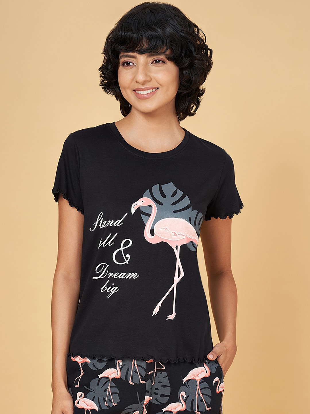 

Dreamz by Pantaloons Tropical Printed Pure Cotton Lounge Tshirt, Black