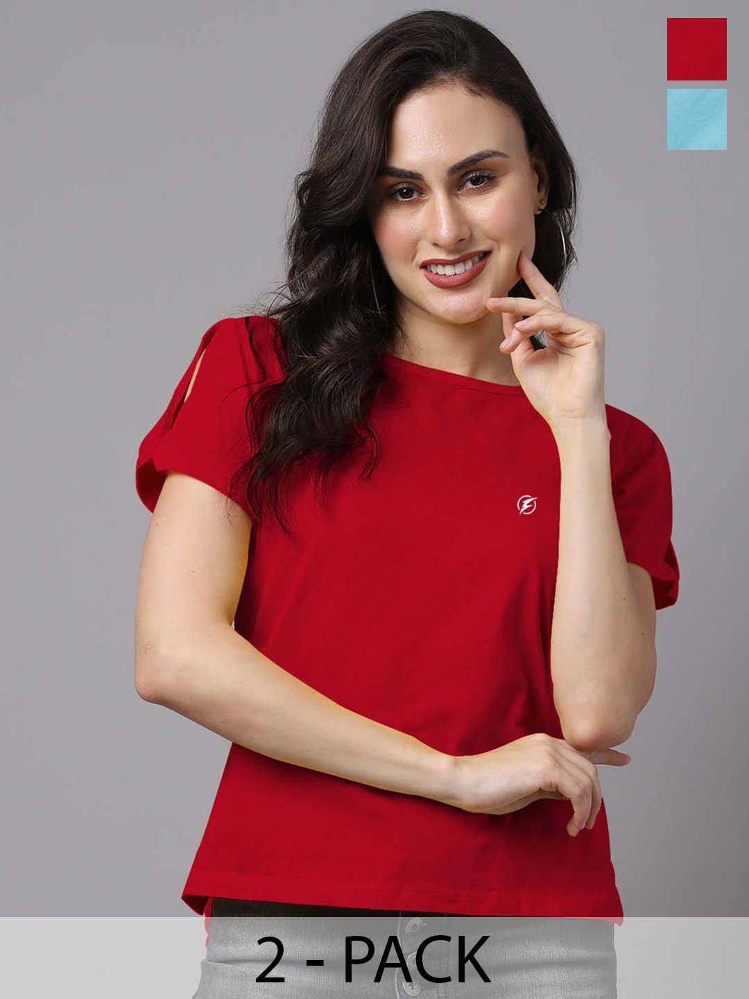 

Friskers Pack Of 2 Round Neck Short Sleeves Cotton Tops, Red