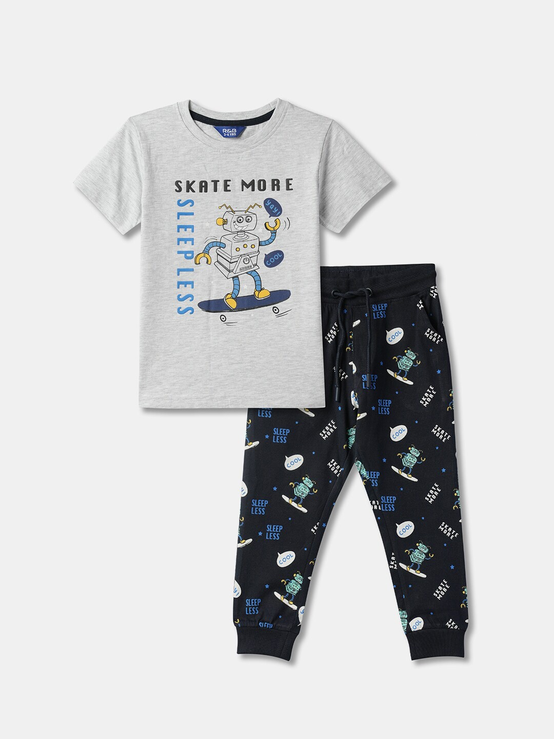 

R&B Boys Printed Pure Cotton T-shirt with Trousers, Grey
