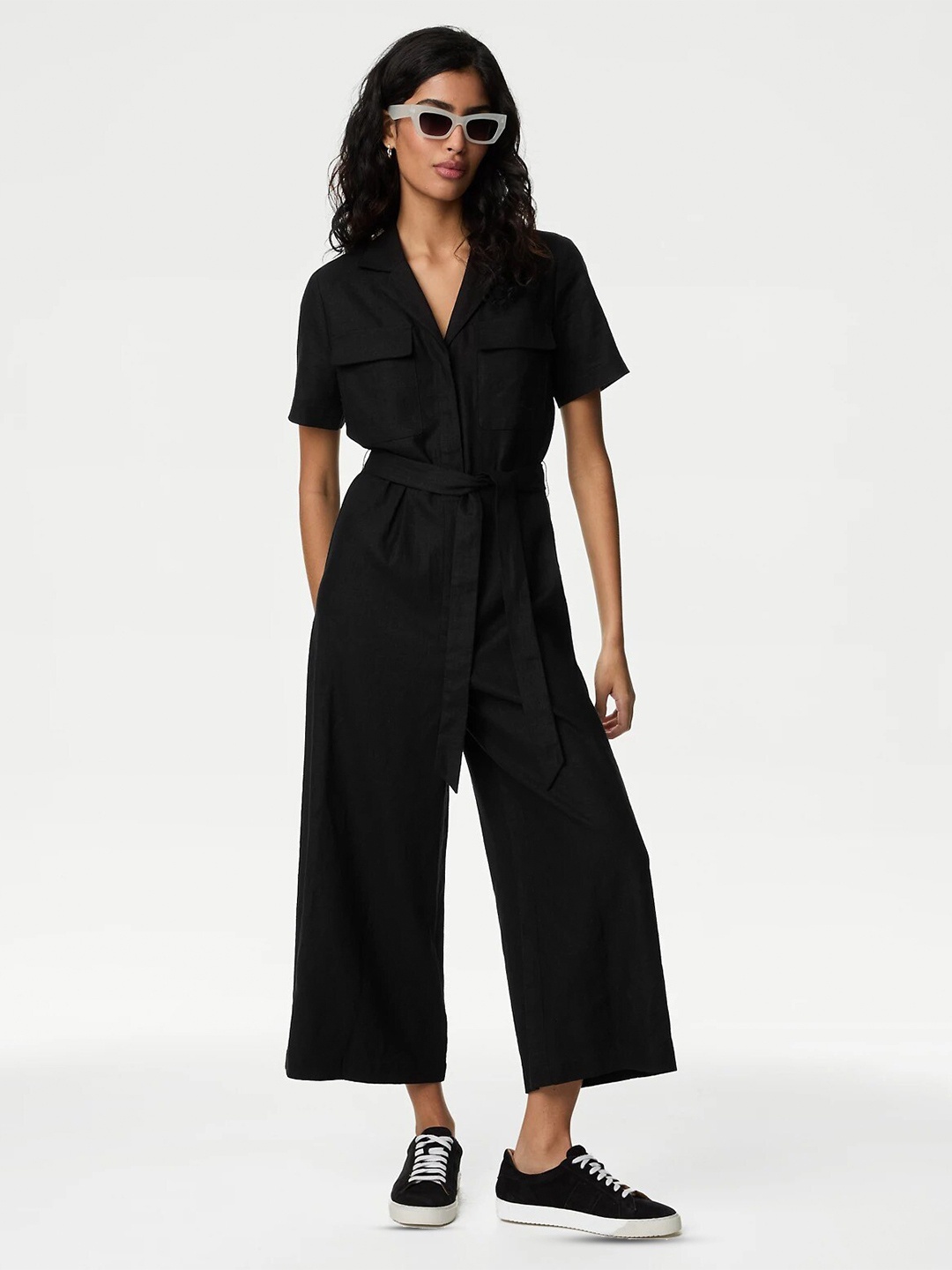 

Marks & Spencer Notched Lapel Collar Linen Basic Jumpsuit, Black