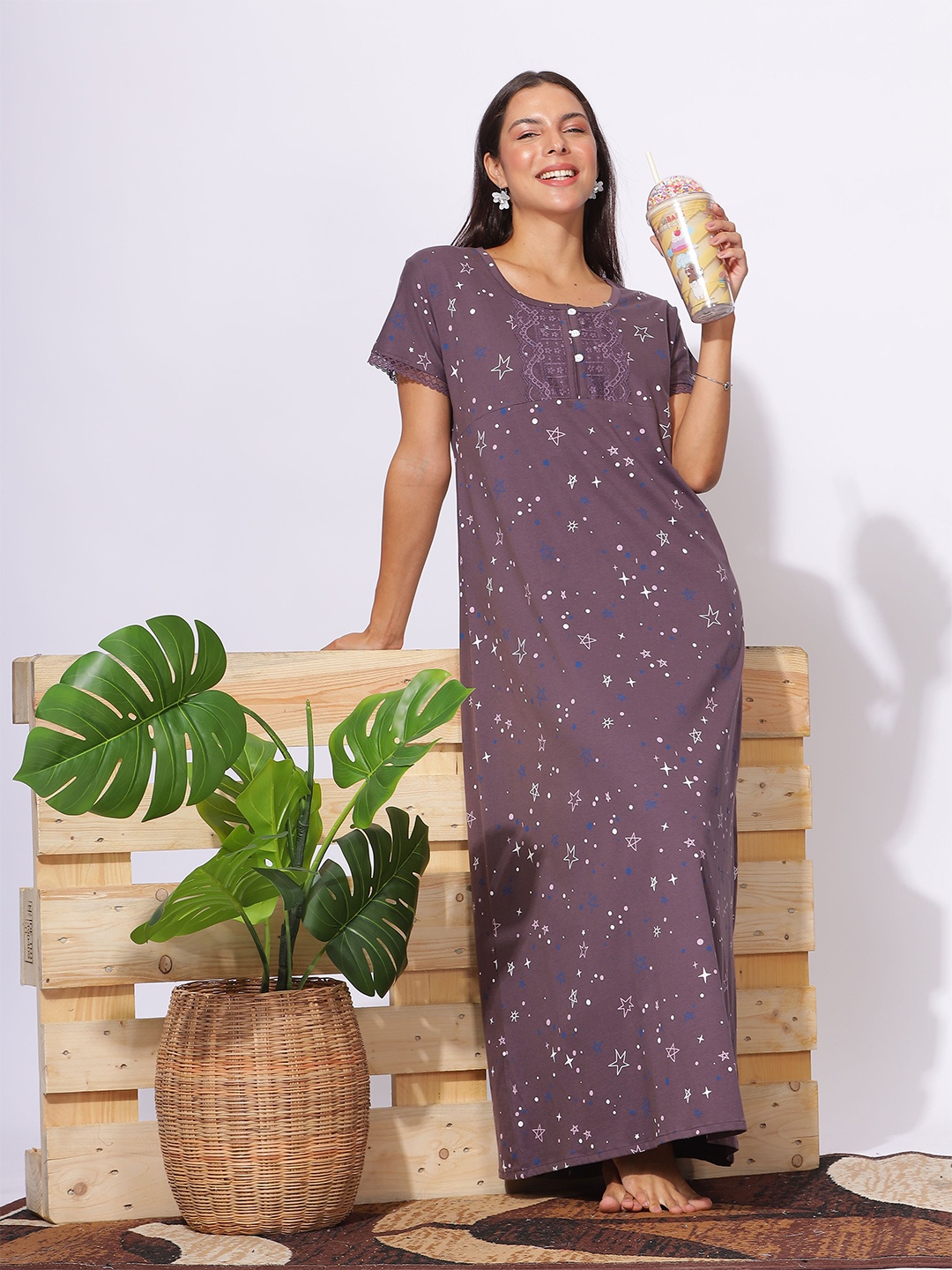 

9shines Label Geometric Printed Pure Cotton Maxi Regular Nightdress, Lavender