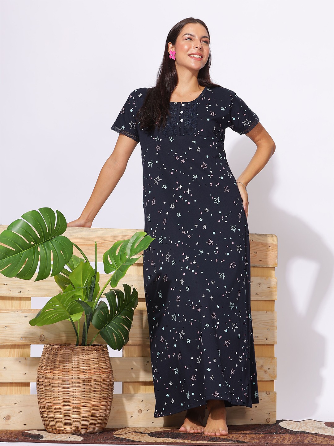 

9shines Label Geometric Printed Pure Cotton Maxi Regular Nightdress, Navy blue