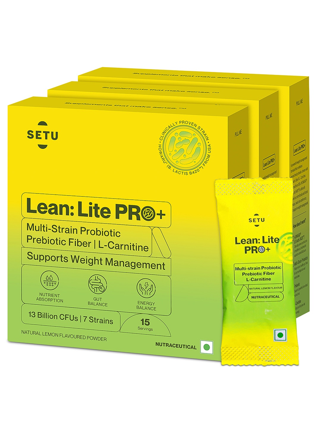 

SETU 3-pc Lean Lite Pro+ Gut Health Powder with Probiotics + L-Carnitine - 15 Sachets Each, Yellow