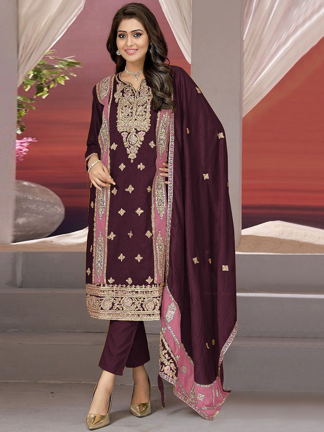 

ODETTE Embroidered Semi-Stitched Dress Material, Violet