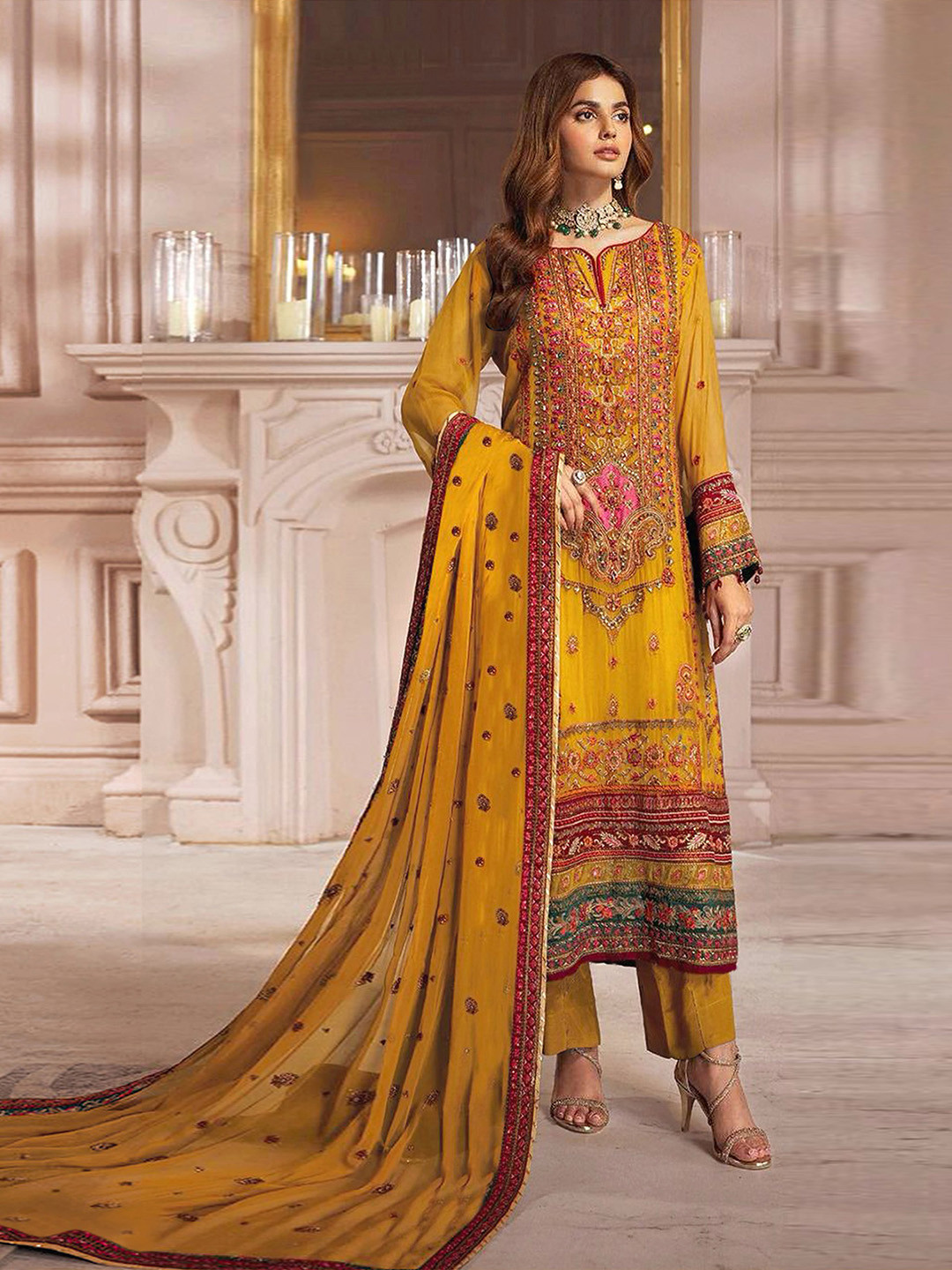 

ODETTE Ethnic Motifs Embroidered Georgette Semi-Stitched Dress Material, Yellow
