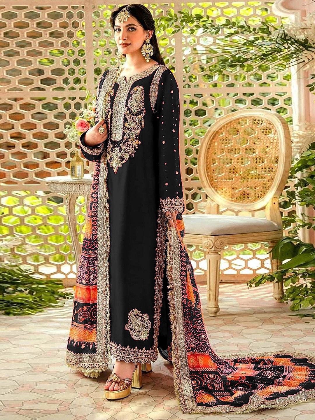 

ODETTE Embroidered Semi-Stitched Dress Material, Black