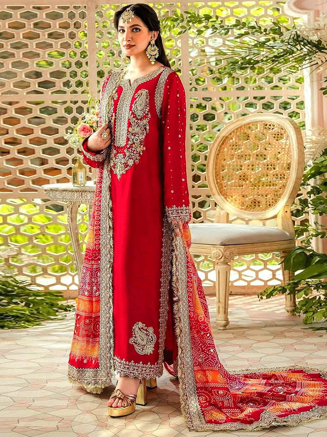 

ODETTE Embroidered Semi-Stitched Dress Material, Red