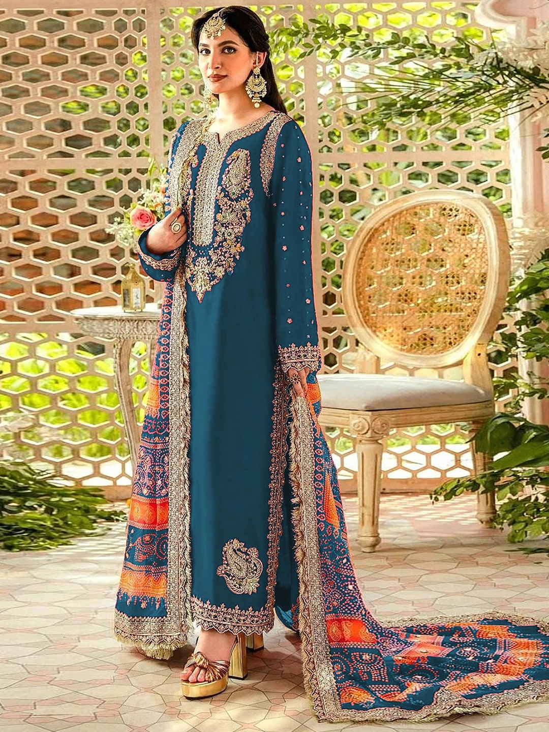 

ODETTE Embroidered Organza Semi-Stitched Dress Material, Blue