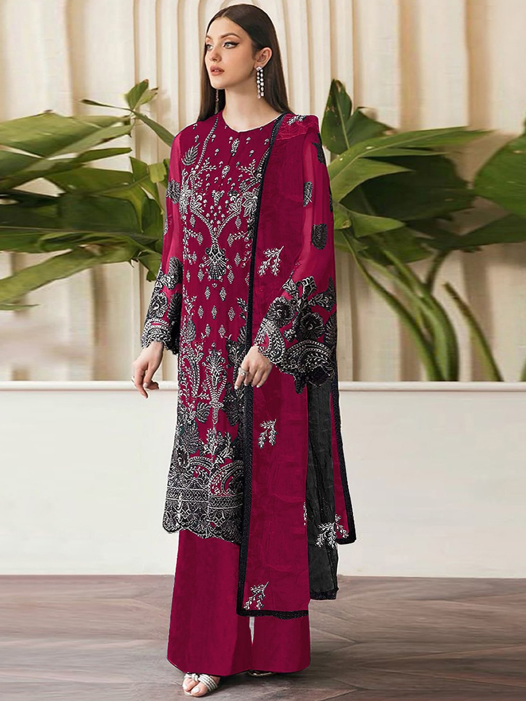 

ODETTE Embroidered Semi-Stitched Dress Material, Pink