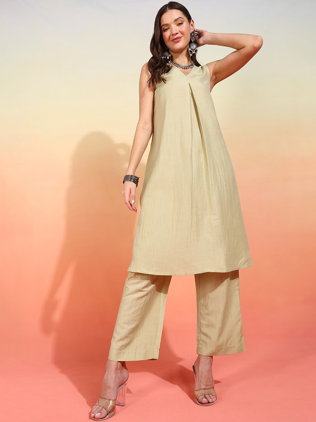 

mokshi V Neck Regular A-Line Kurta With Trouser, Tan