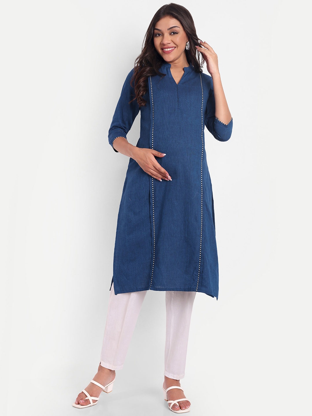 

THOTTIL Mandarin Collar Maternity Straight Kurta, Blue
