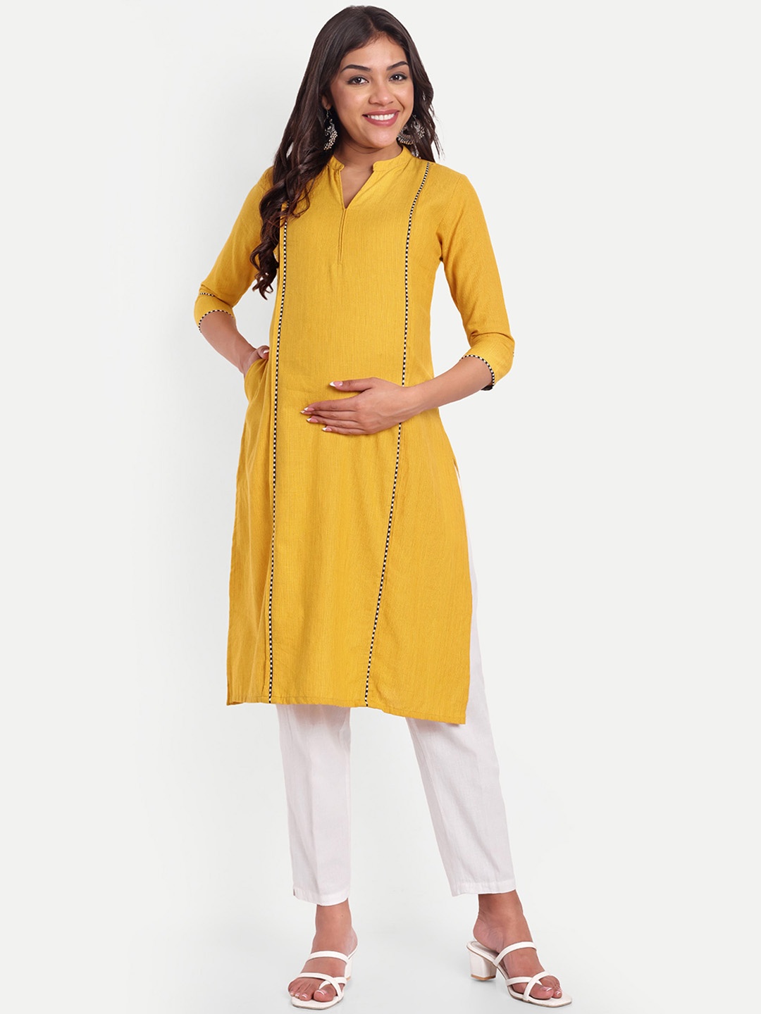 

THOTTIL Mandarin Collar Maternity Straight Kurta, Yellow