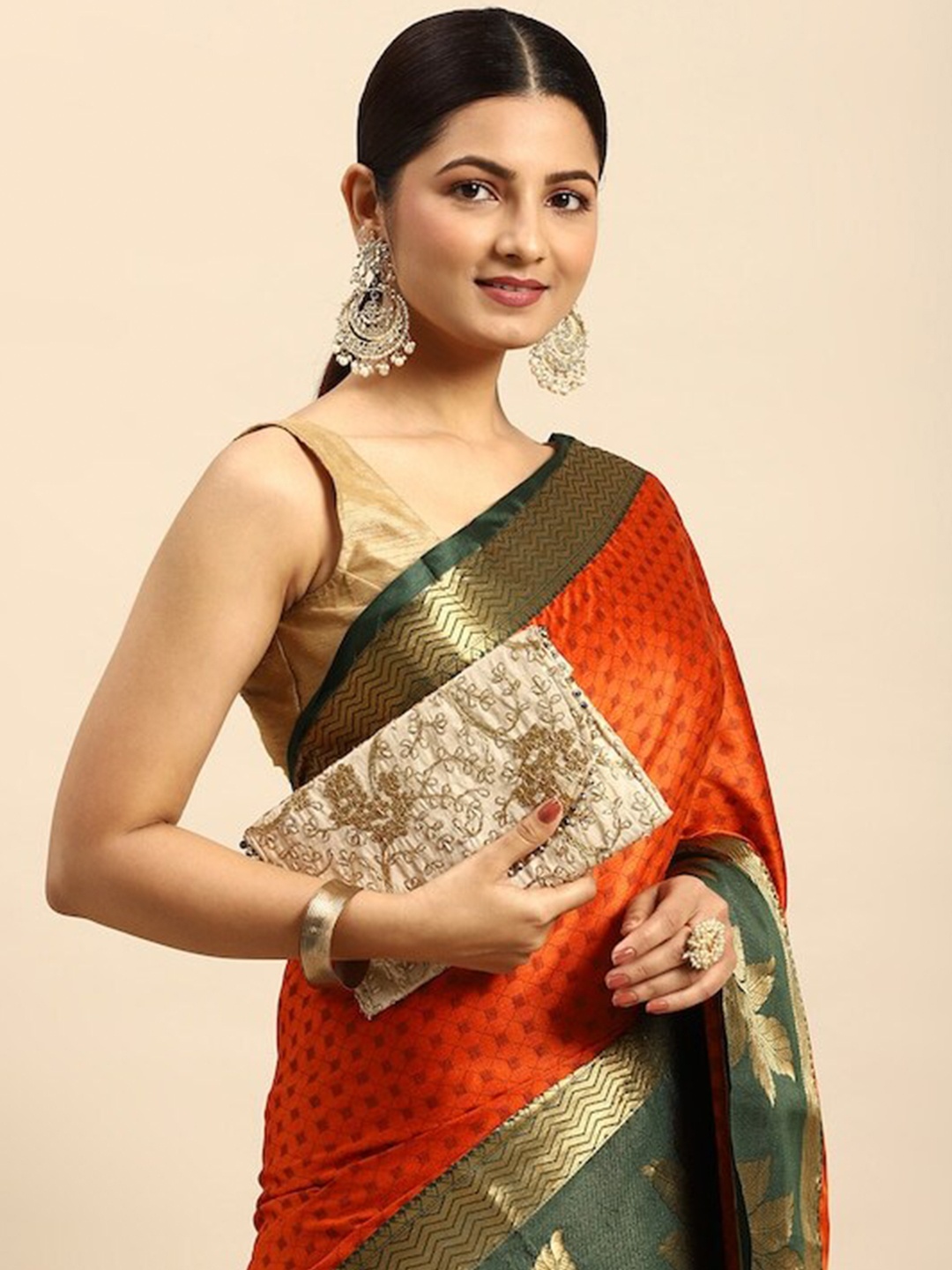 

PATLIPALLU Woven Design Zari Silk Cotton Banarasi Saree, Orange