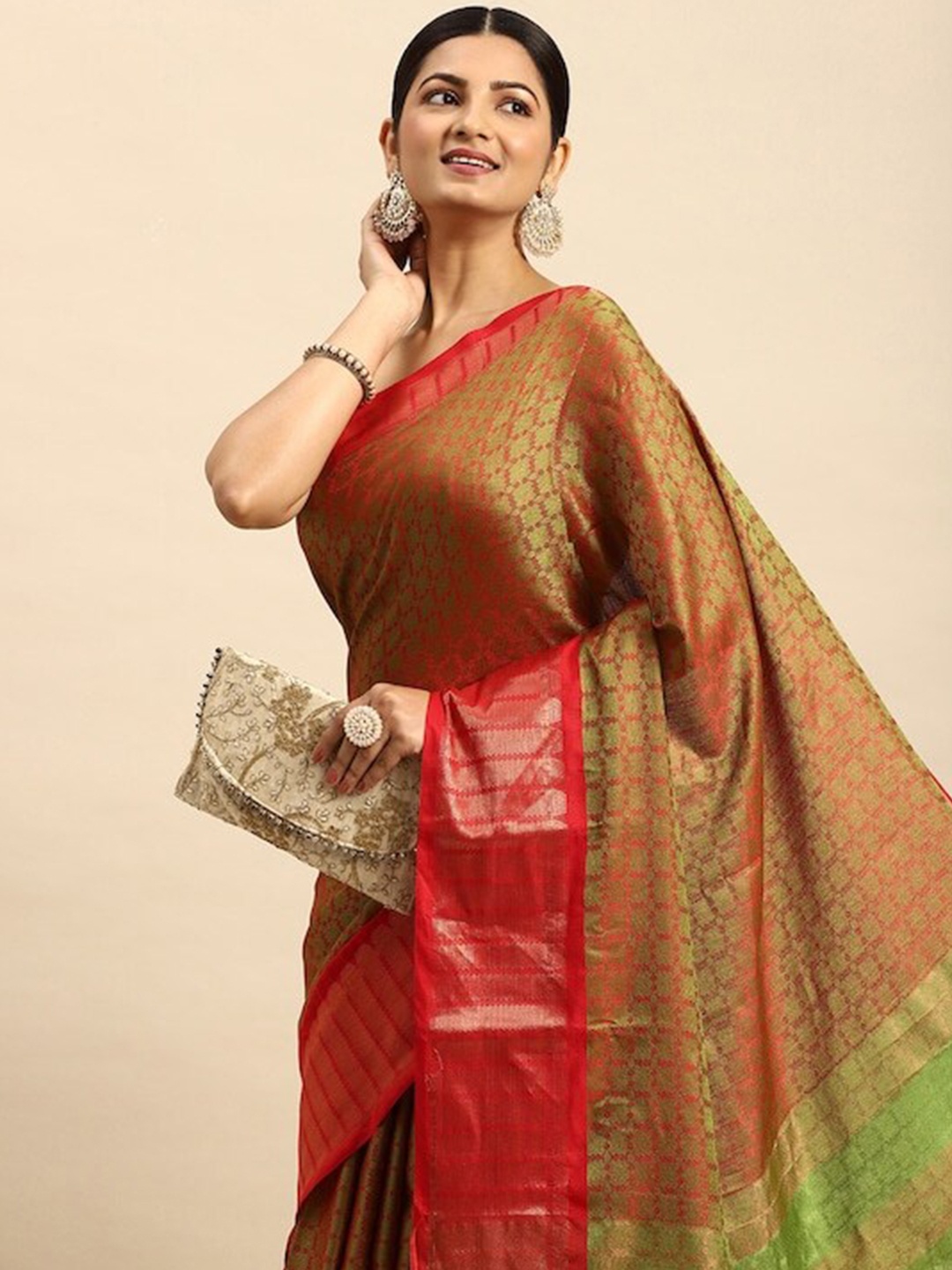 

PATLIPALLU Woven Design Zari Silk Cotton Banarasi Saree, Olive