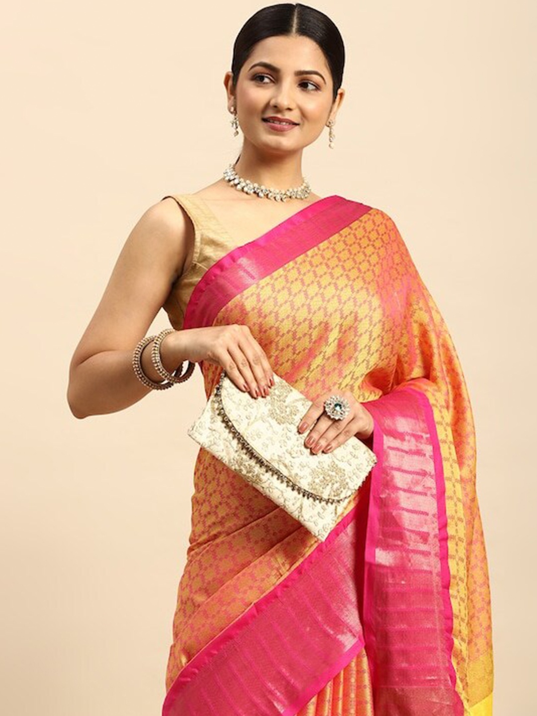 

PATLIPALLU Woven Design Zari Silk Cotton Banarasi Saree, Yellow