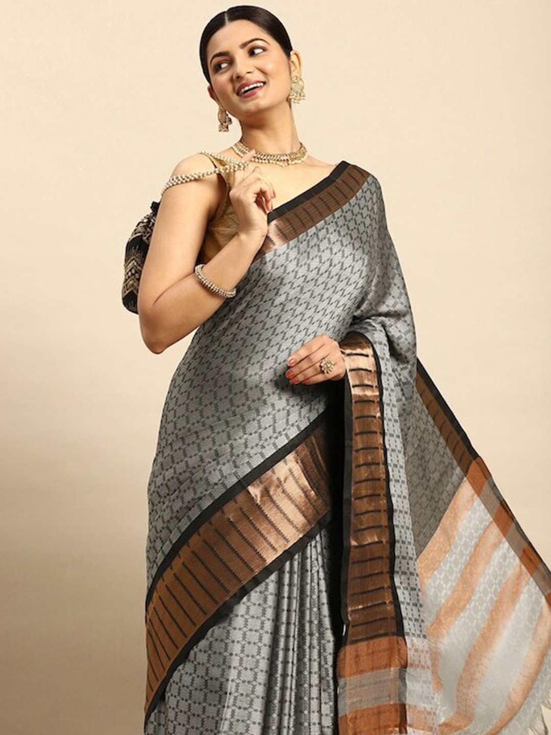 

PATLIPALLU Woven Design Zari Silk Cotton Banarasi Saree, Grey